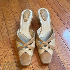 🥦 Nickels Tan, suede, leather and Rafia mules soft squared toe